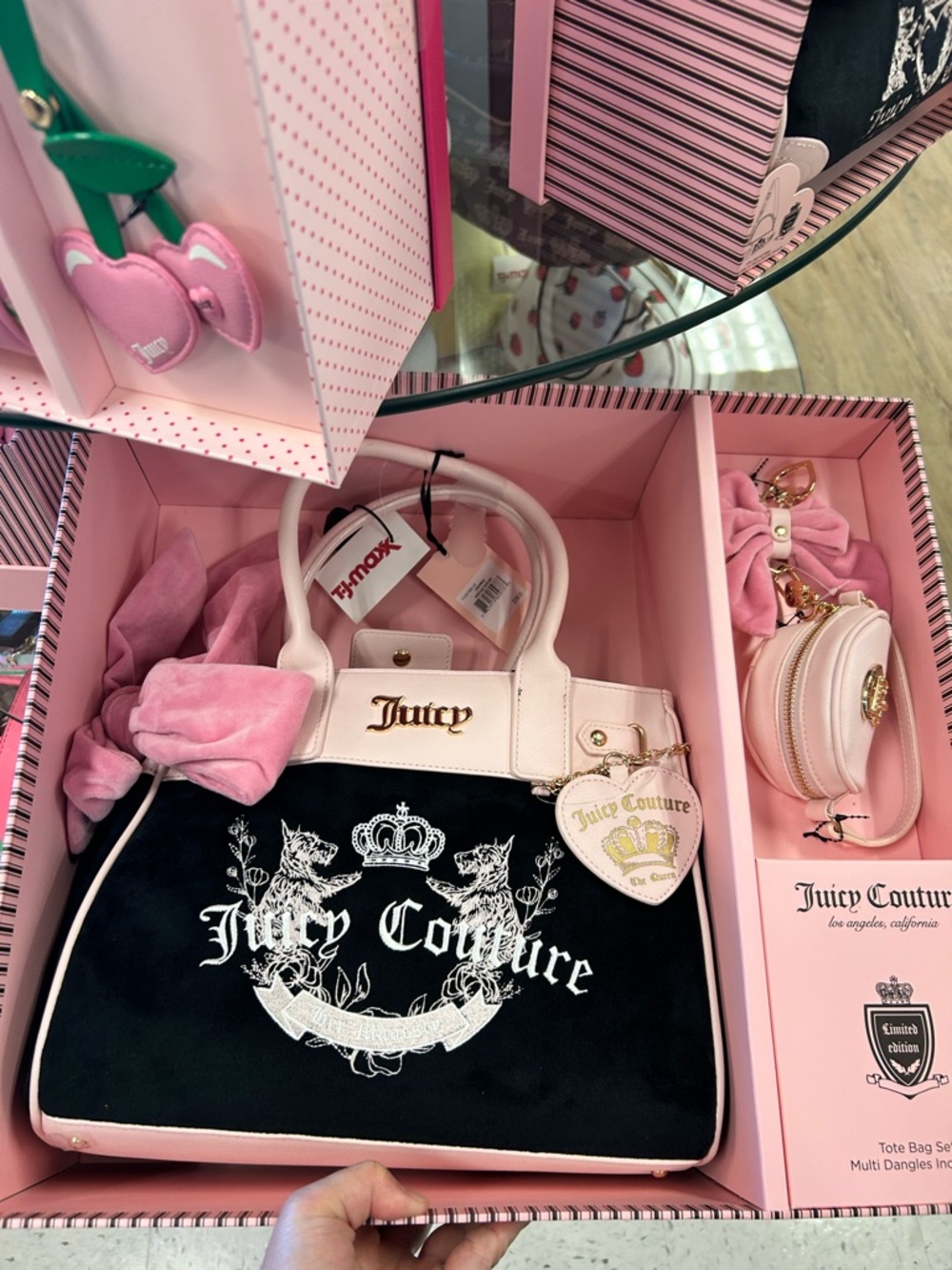Juicy Couture Black & Pink Velour heritage tote with Heart Charm new